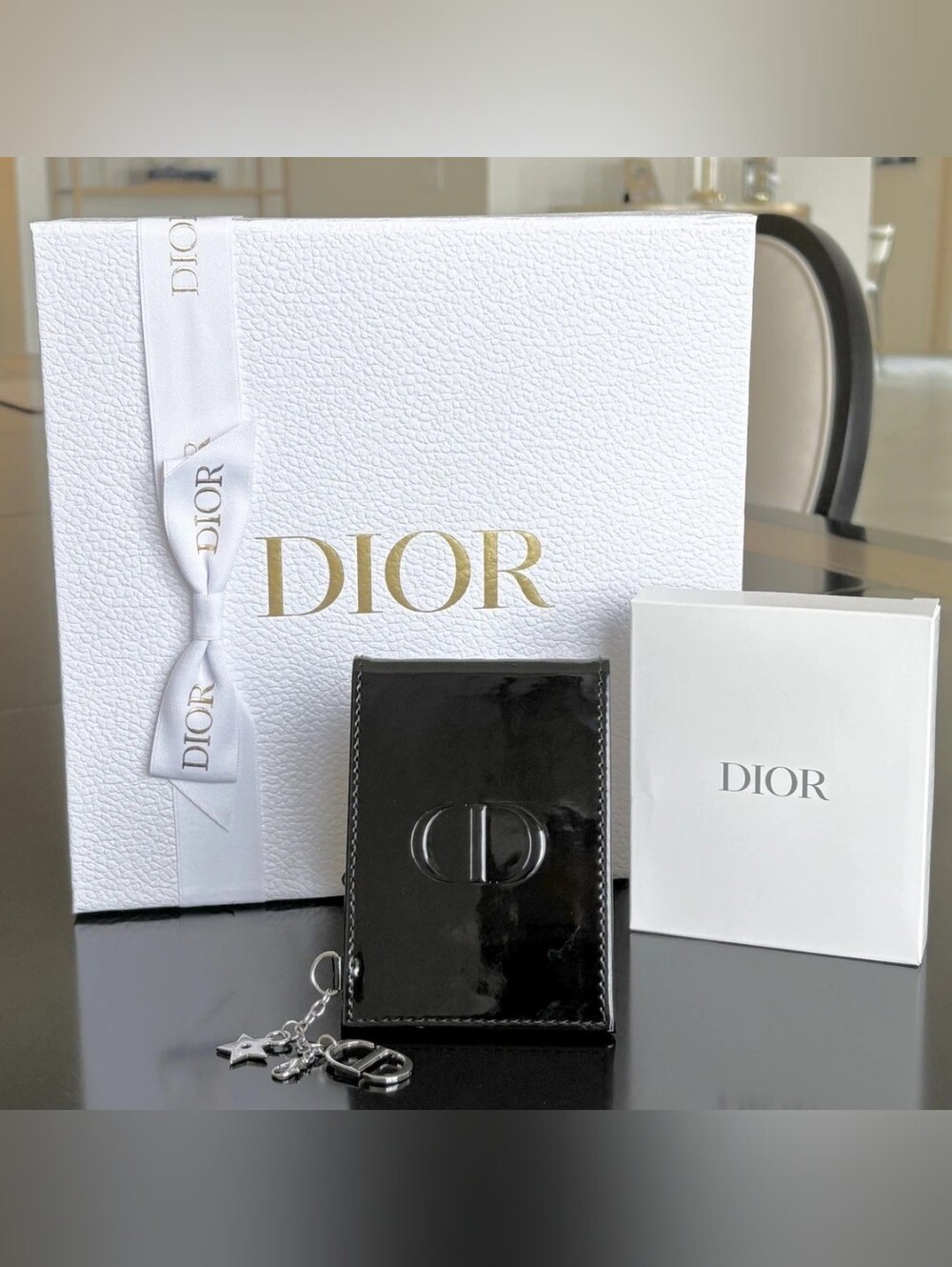 Dior Black Folding Vanity Mirror with Silver Charm Chain